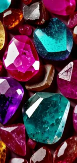 Vibrant gemstones in teal, magenta, purple, and gold hues.