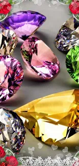 Colorful gemstones with floral accents create a luxury phone wallpaper.