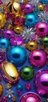 Colorful and vibrant gemstones in various shapes and sizes on a wallpaper.