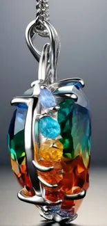A colorful gemstone necklace with vibrant silver design.
