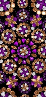 Intricate gemstone pattern wallpaper with vibrant purple, amber, and silver colors.