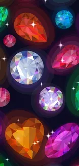 Vibrant gemstone pattern with colorful jewels on a dark background.