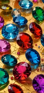 Colorful gemstones on a golden background