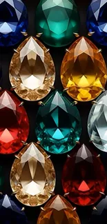 Colorful teardrop gemstones on black background wallpaper.