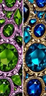 Mobile wallpaper with vibrant green and blue gemstones in intricate metal design.