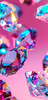 Vibrant gemstone wallpaper with colorful crystals on a pink background.