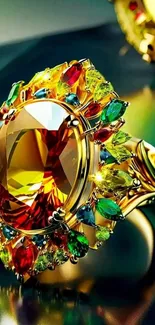 Golden gemstone ring with colorful jewels on a glossy surface.