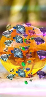 Colorful gemstones around an orange sphere