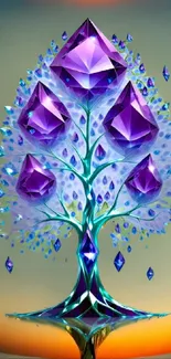 Vibrant gemstone tree with purple crystals on a fantasy background.