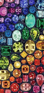 Vibrant and colorful gemstone wallpaper with various jewel shapes and sizes.