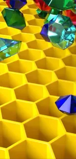 Vibrant gemstones on a yellow honeycomb pattern.
