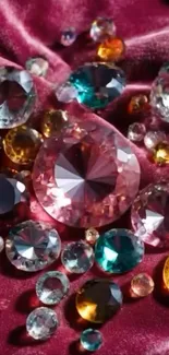 Vibrant gemstones on crimson velvet display elegance.