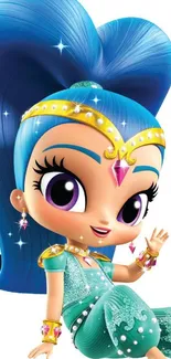 Vibrant cartoon genie with blue hair and outfit.