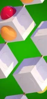 Vibrant 3D geometric abstract wallpaper with colorful shapes and green background.