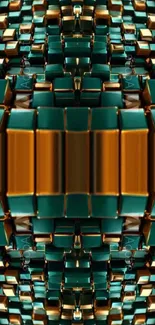 3D geometric wallpaper with gold and teal cubes.