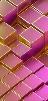 3D geometric wallpaper with golden and pink blocks.