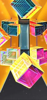 3D cubes with colorful geometric design on orange background.