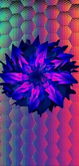 Vibrant 3D flower on a colorful geometric background.