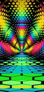 Vibrant geometric abstract art with colorful hexagons and tunnel effect.