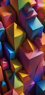 Colorful geometric 3D shapes in an abstract art style.