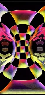Vibrant geometric abstract art with colorful patterns on black background.