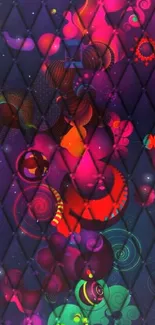 Vibrant abstract wallpaper with colorful geometric shapes on a dark background.