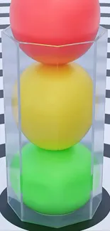Colorful spheres inside a glass cylinder with a striped pattern backdrop.