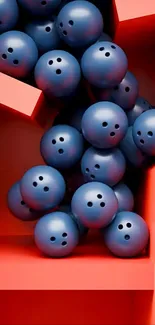 Vibrant wallpaper with blue spheres and red geometric shapes.
