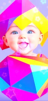 Adorable baby with colorful geometric shapes and star accents.