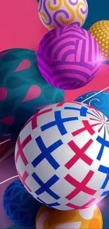 Colorful geometric balls on a pink background.
