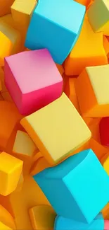 Colorful geometric blocks wallpaper with yellow, blue, and pink cubes.