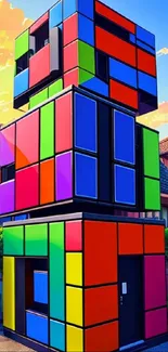 Vibrant geometric building with colorful blocks against a sunny sky.