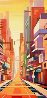 Vibrant geometric cityscape with bold colors and abstract shapes.