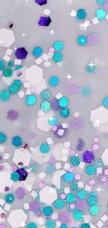 Geometric confetti art with hexagons in blue, teal, and purple hues.