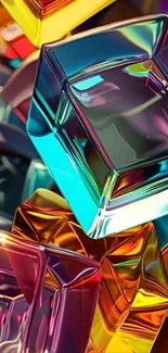 Colorful 3D geometric crystal art wallpaper with prisms and reflections.