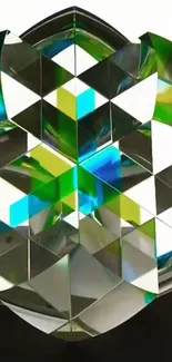 Geometric crystal art with green and blue hues on a mobile wallpaper.