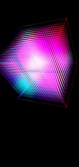 Vibrant geometric cube with neon colors on black background.