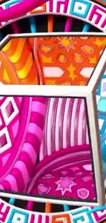 Colorful geometric cube with vibrant patterns.