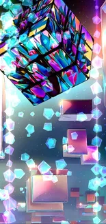 Colorful 3D geometric cube with neon lights and abstract shapes.