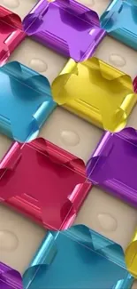 Vibrant geometric 3D shapes in colorful pattern.