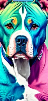 Colorful geometric dog art wallpaper with vibrant hues.