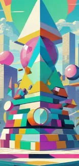 Vibrant geometric dreamscape, abstract shapes with cityscape background.