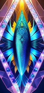 Neon geometric fish wallpaper in vibrant blues and purples with abstract design.