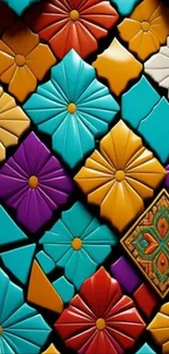 Colorful geometric floral pattern wallpaper.