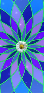 Vibrant geometric flower wallpaper with central daisy on blue background.