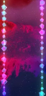 Vibrant geometric wallpaper with luminous crystals on galaxy backdrop.