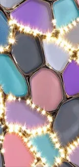 Geometric wallpaper with vibrant pastel colors and glittering accents.