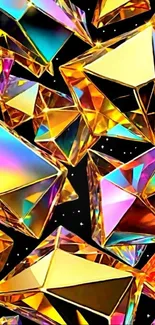 Vibrant geometric wallpaper with golden gems and rainbow reflections.