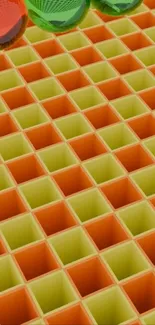 Vivid geometric grid with 3D cubes in orange and green hues.