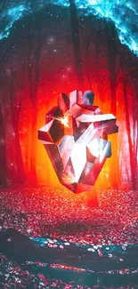 Vibrant geometric heart with red glow in mystical forest.